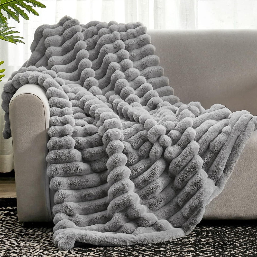 Striped Fleece Throw 150x200 cm & 200x230 cm | Soft Bedspread Living Room Bedroom Terracotta Gray | Sansoti
