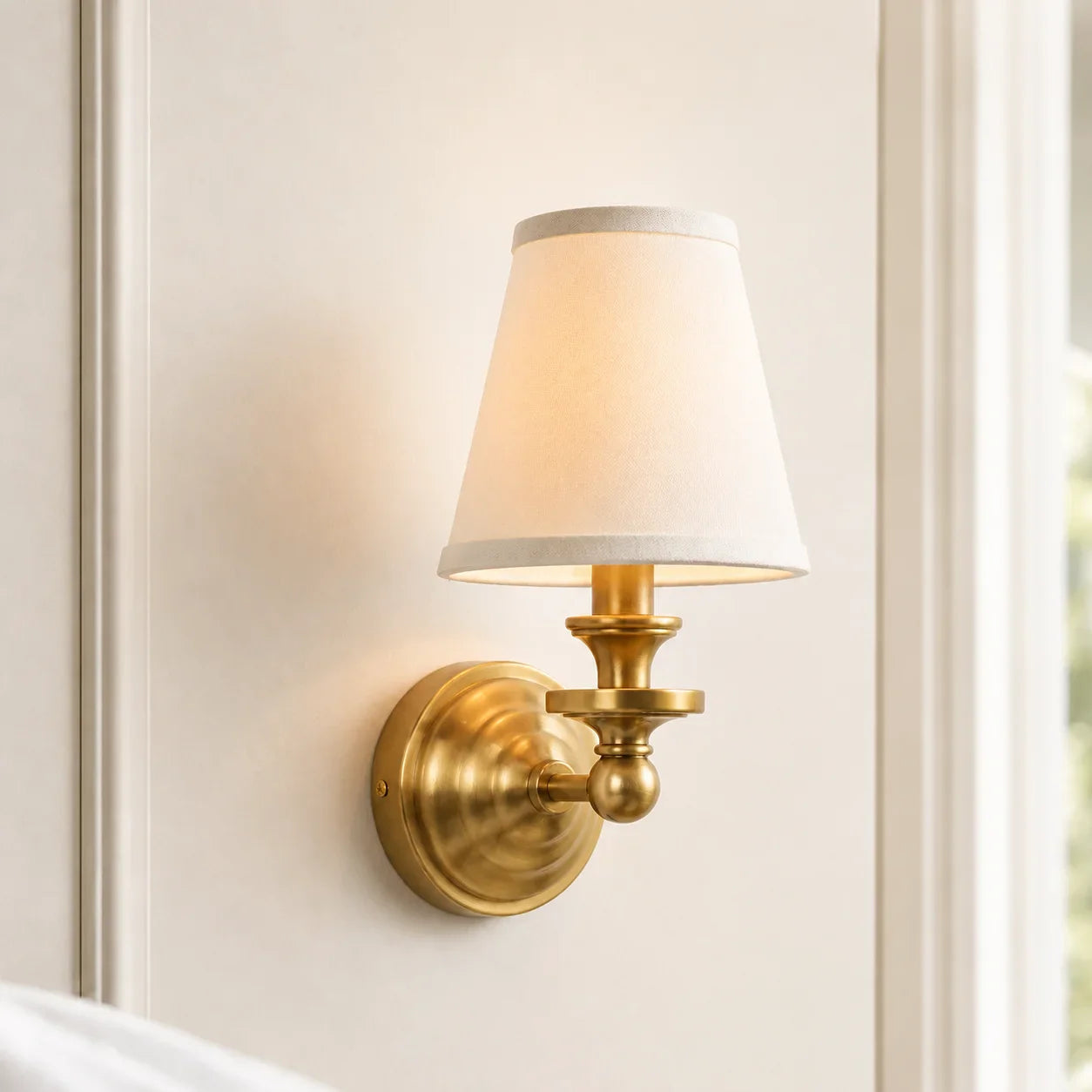 Vintage Wandlamp met Linnen Kap en Messing Armatuur – Retro Design voor Slaapkamer en Woonkamer | Sansoti