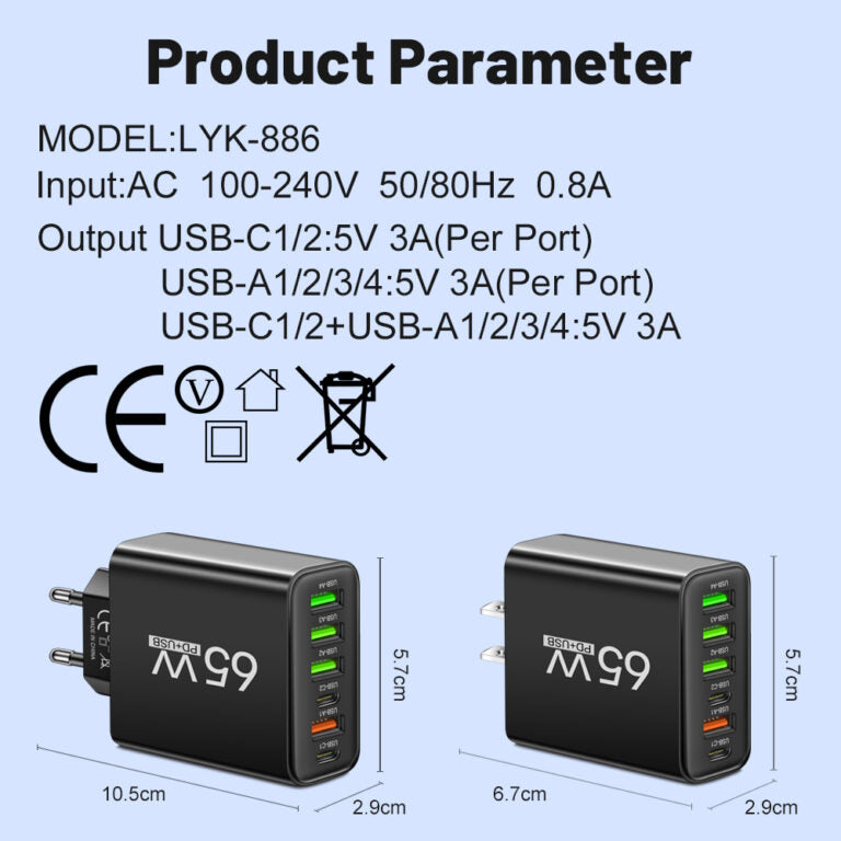 6-in-1 USB Oplader 65W – Laad Tot 6 Apparaten Tegelijk – Compacte Multi-Oplaadstation voor Smartphone Tablet Laptop | Sansoti
