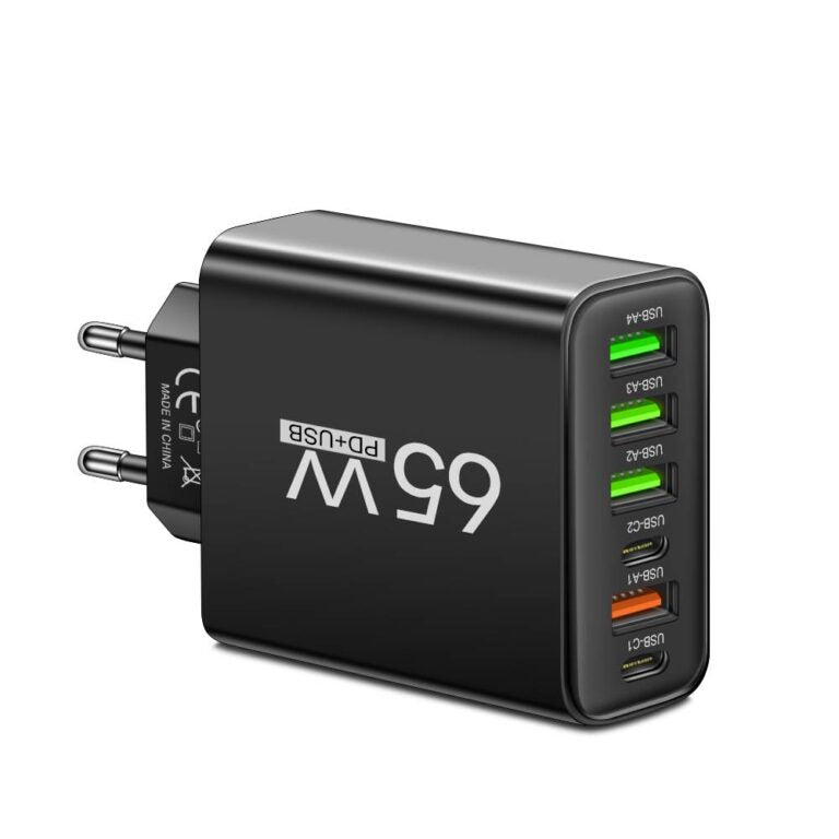 6-in-1 USB Oplader 65W – Laad Tot 6 Apparaten Tegelijk – Compacte Multi-Oplaadstation voor Smartphone Tablet Laptop | Sansoti