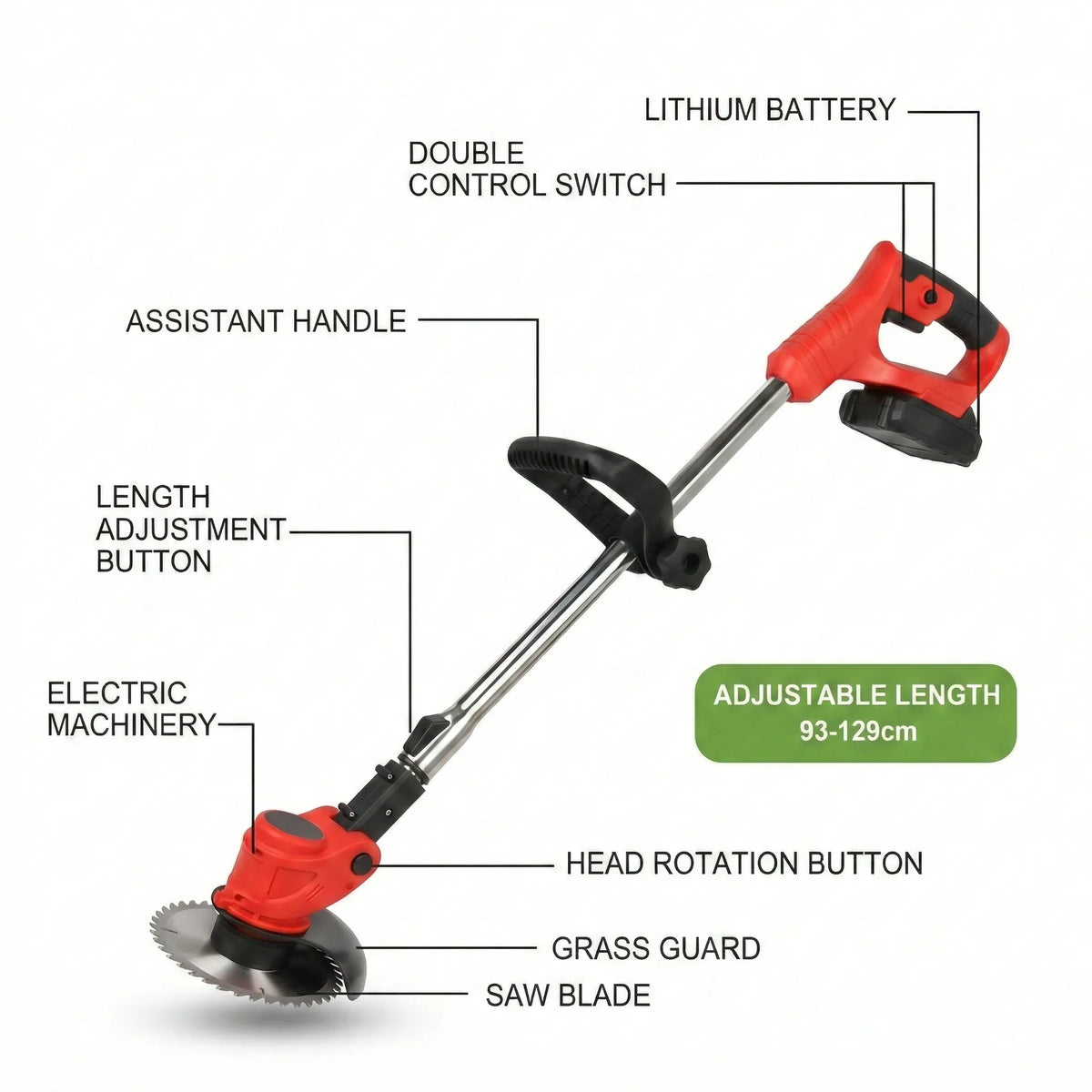 Kabelloser, wiederaufladbarer Rasentrimmer 24 V, 600 W, teleskopierbar 92–122 cm, Metallmesser, Unkrautschneider für den Garten und Rasen | Sansoti