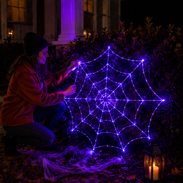 Gigantisch Spinnenweb met LED Paarse Verlichting 360 cm Diameter Halloween Decoratie Binnen Buiten Feest | Sansoti