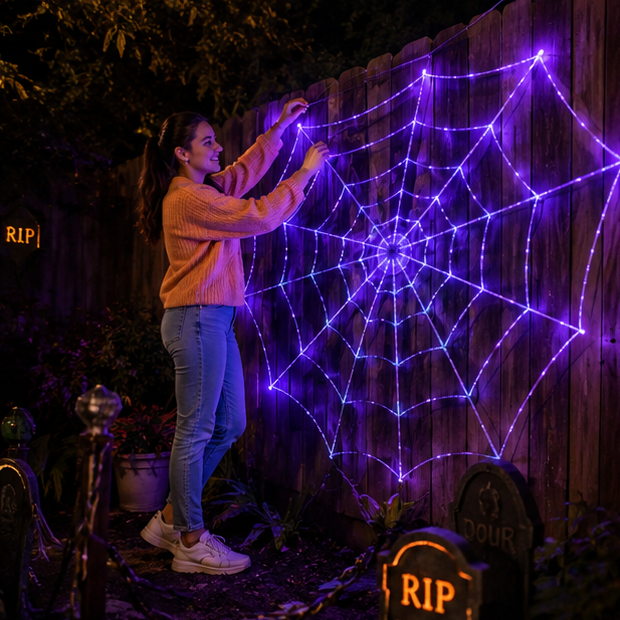 Gigantisch Spinnenweb met LED Paarse Verlichting 360 cm Diameter Halloween Decoratie Binnen Buiten Feest | Sansoti