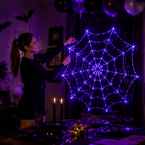 Gigantisch Spinnenweb met LED Paarse Verlichting 360 cm Diameter Halloween Decoratie Binnen Buiten Feest | Sansoti