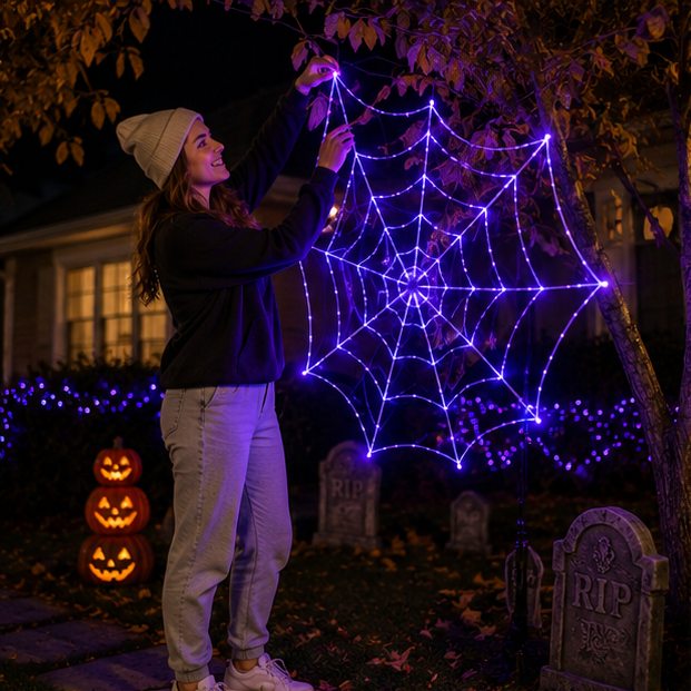 Gigantisch Spinnenweb met LED Paarse Verlichting 360 cm Diameter Halloween Decoratie Binnen Buiten Feest | Sansoti