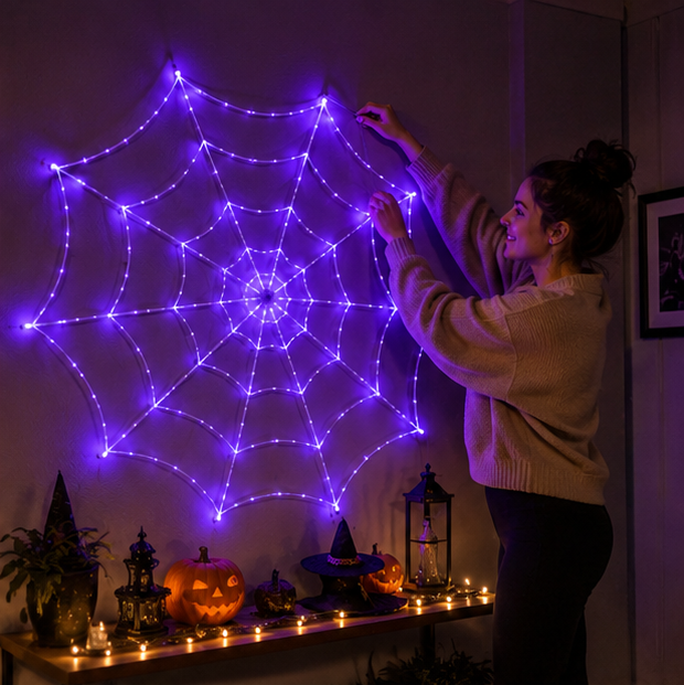 Gigantisch Spinnenweb met LED Paarse Verlichting 360 cm Diameter Halloween Decoratie Binnen Buiten Feest | Sansoti