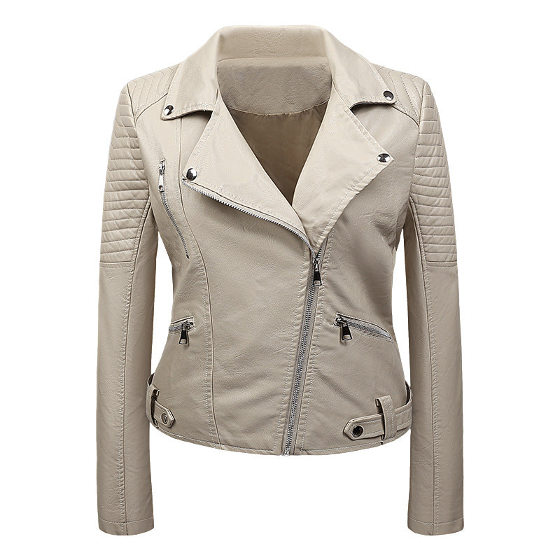 Women's Leather Motorcycle Jacket with Asymmetrical Zipper, Quilted Sleeves, Urban Biker Jacket, Vintage Look, Classic Design | Sansoti