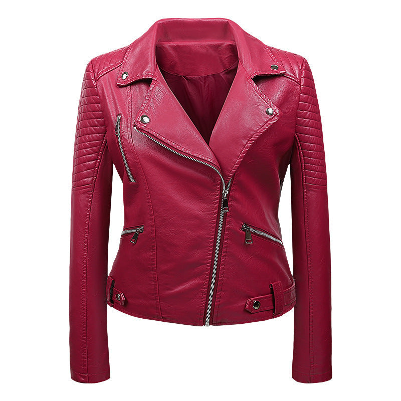 Women's Leather Motorcycle Jacket with Asymmetrical Zipper, Quilted Sleeves, Urban Biker Jacket, Vintage Look, Classic Design | Sansoti