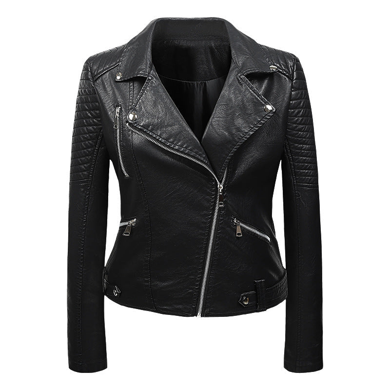 Women's Leather Motorcycle Jacket with Asymmetrical Zipper, Quilted Sleeves, Urban Biker Jacket, Vintage Look, Classic Design | Sansoti