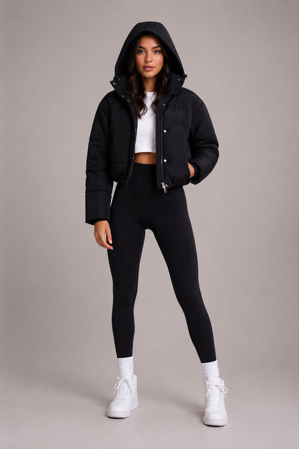 Gesteppte Damen-Bomberjacke mit Kapuze, kurz geschnitten, für den Alltag, lässige Winterjacke, warm und bequem | Sansoti