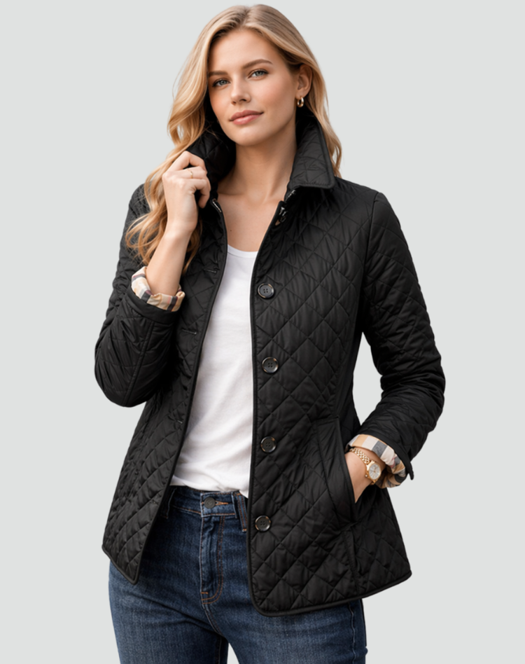 Quilted Women's Jacket with Button Closure and Diamond Stitching - Tailored Silhouette for Casual and Smart-Casual Looks | Sansoti