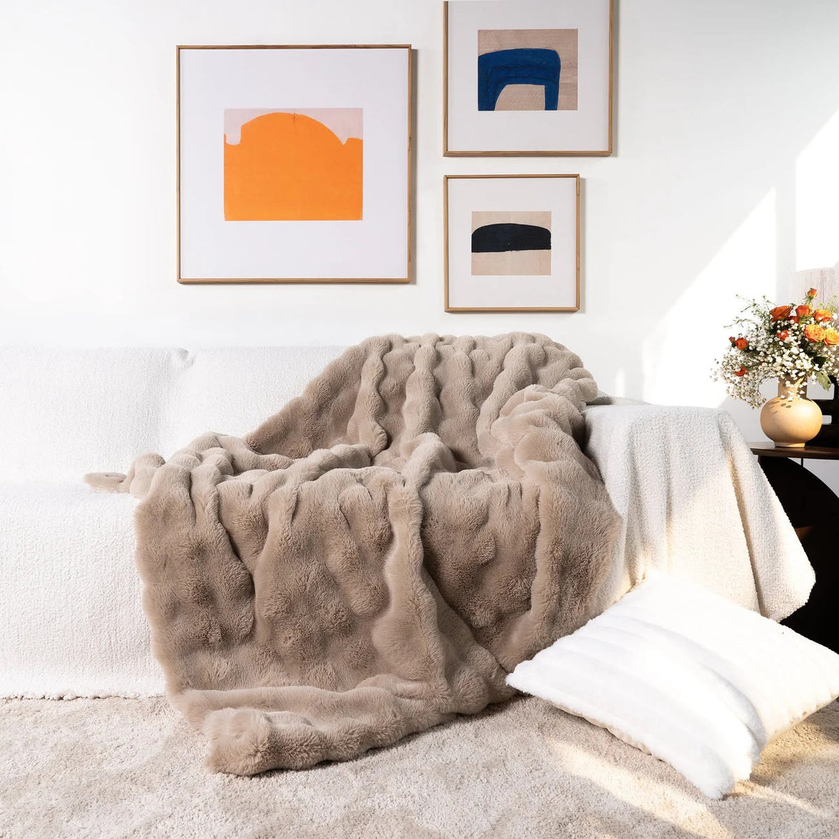 Wolkenweiche Kunstfell-Decke, doppellagig gefüttert, wolkenartig, in Braun, Grau, Rosa, Elfenbein und Blau, für alle Jahreszeiten, Wohnzimmer | Sansoti