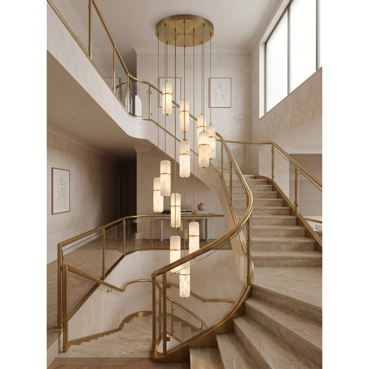 Kronleuchter Messing Alabaster LED Pendelleuchte 1-15 Leuchtpunkte Esszimmer Wohnzimmer Treppenhaus Stimmungsvolle Luxusbeleuchtung | Sansoti