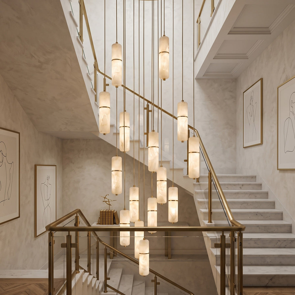 Kronleuchter Messing Alabaster LED Pendelleuchte 1-15 Leuchtpunkte Esszimmer Wohnzimmer Treppenhaus Stimmungsvolle Luxusbeleuchtung | Sansoti
