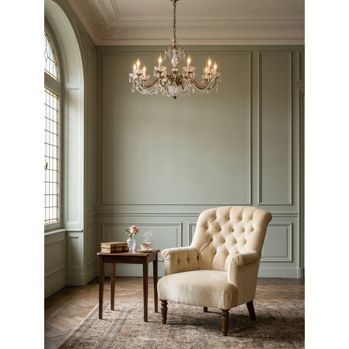 Lustre en cristal avec abat-jour en verre, fer doré, candélabre réglable et à intensité variable, moderne, pour salle à manger et salon | Sansoti
