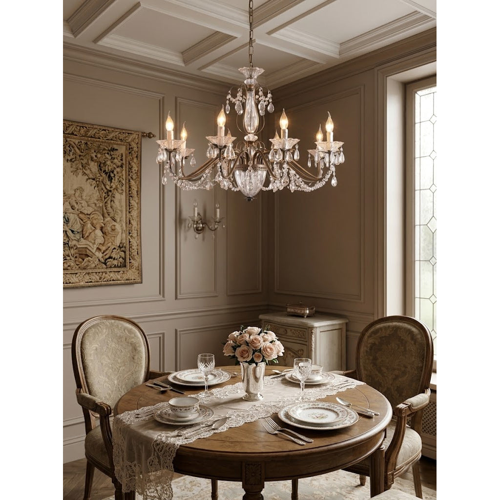Lustre en cristal avec abat-jour en verre, fer doré, candélabre réglable et à intensité variable, moderne, pour salle à manger et salon | Sansoti