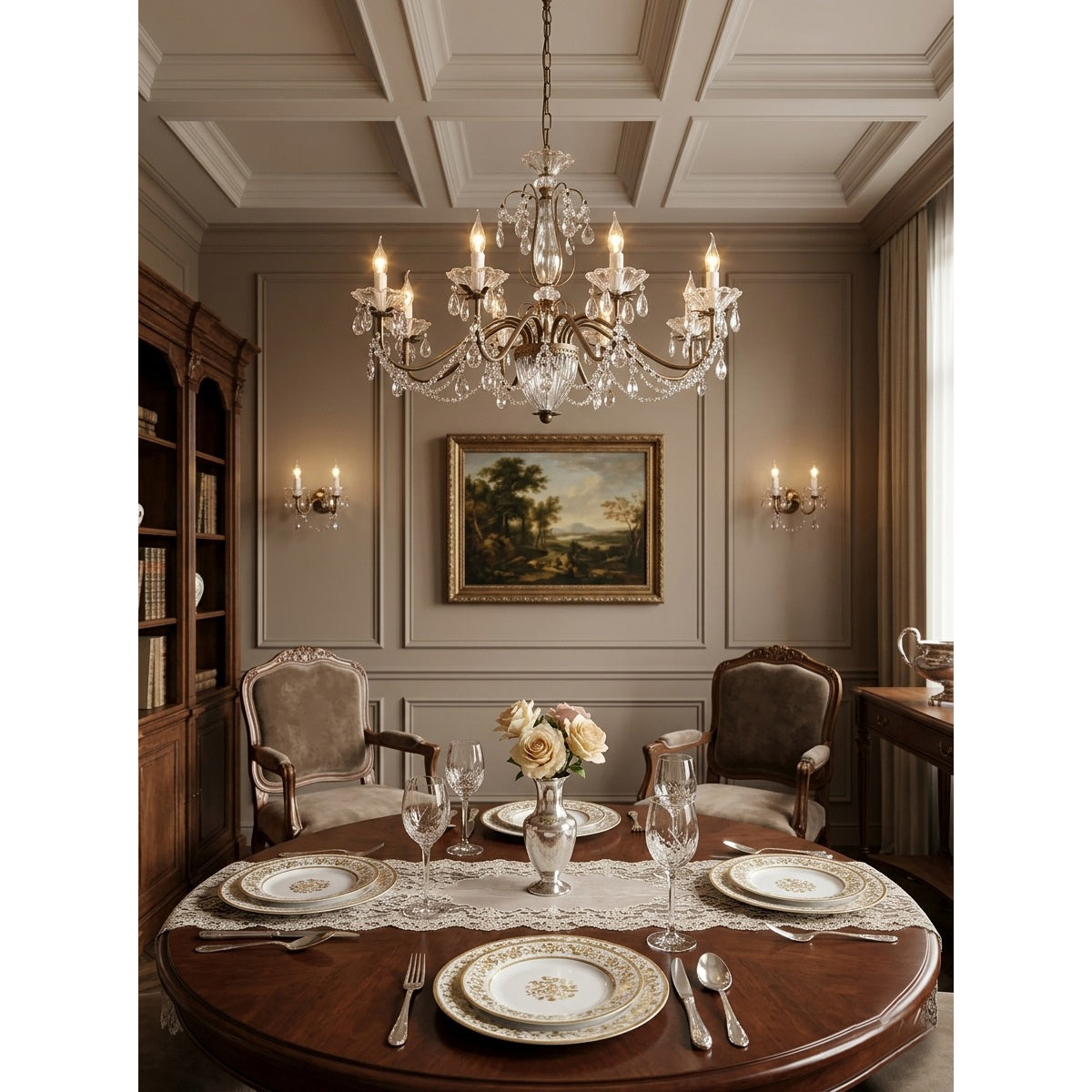 Lustre en cristal avec abat-jour en verre, fer doré, candélabre réglable et à intensité variable, moderne, pour salle à manger et salon | Sansoti
