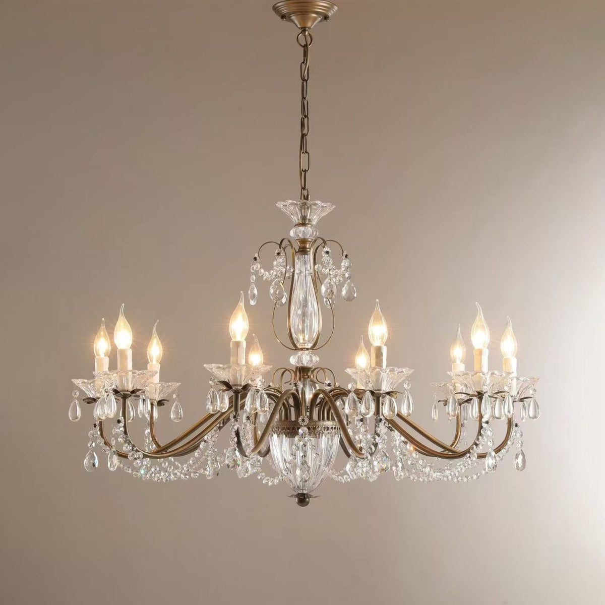 Lustre en cristal avec abat-jour en verre, fer doré, candélabre réglable et à intensité variable, moderne, pour salle à manger et salon | Sansoti