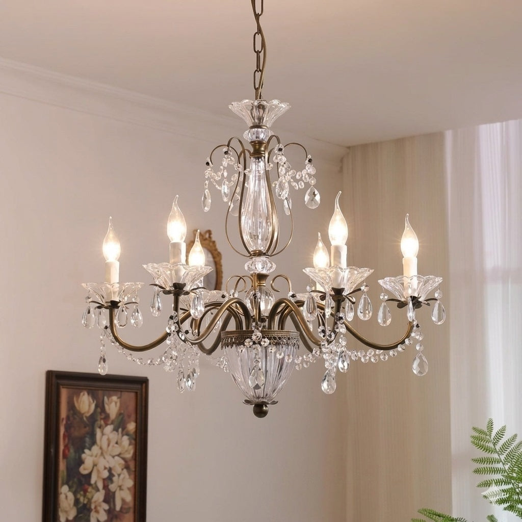 Lustre en cristal avec abat-jour en verre, fer doré, candélabre réglable et à intensité variable, moderne, pour salle à manger et salon | Sansoti