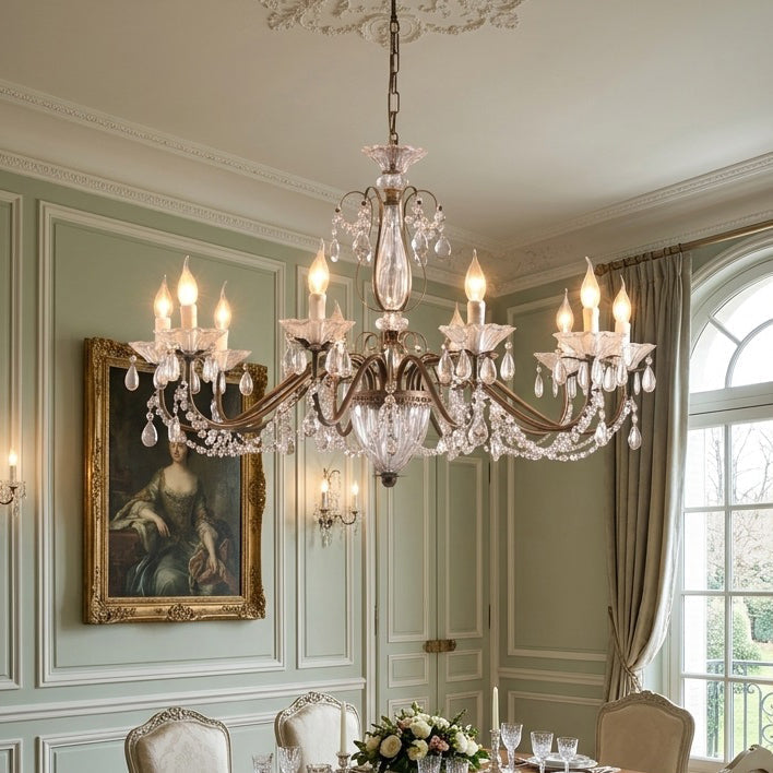 Lustre en cristal avec abat-jour en verre, fer doré, candélabre réglable et à intensité variable, moderne, pour salle à manger et salon | Sansoti