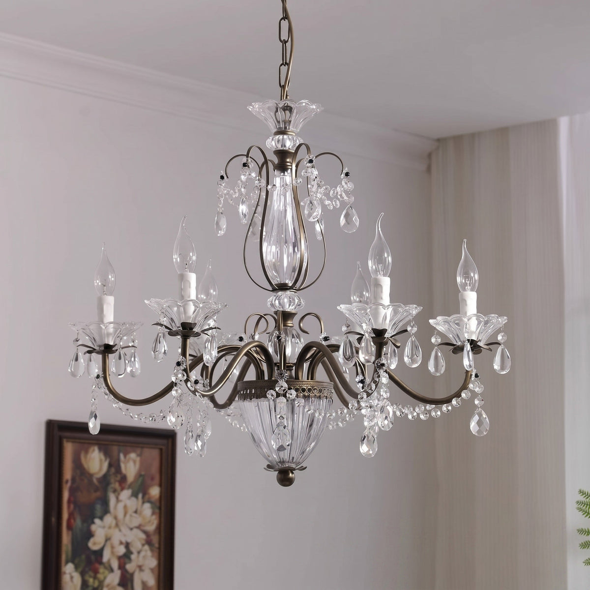 Lustre en cristal avec abat-jour en verre, fer doré, candélabre réglable et à intensité variable, moderne, pour salle à manger et salon | Sansoti