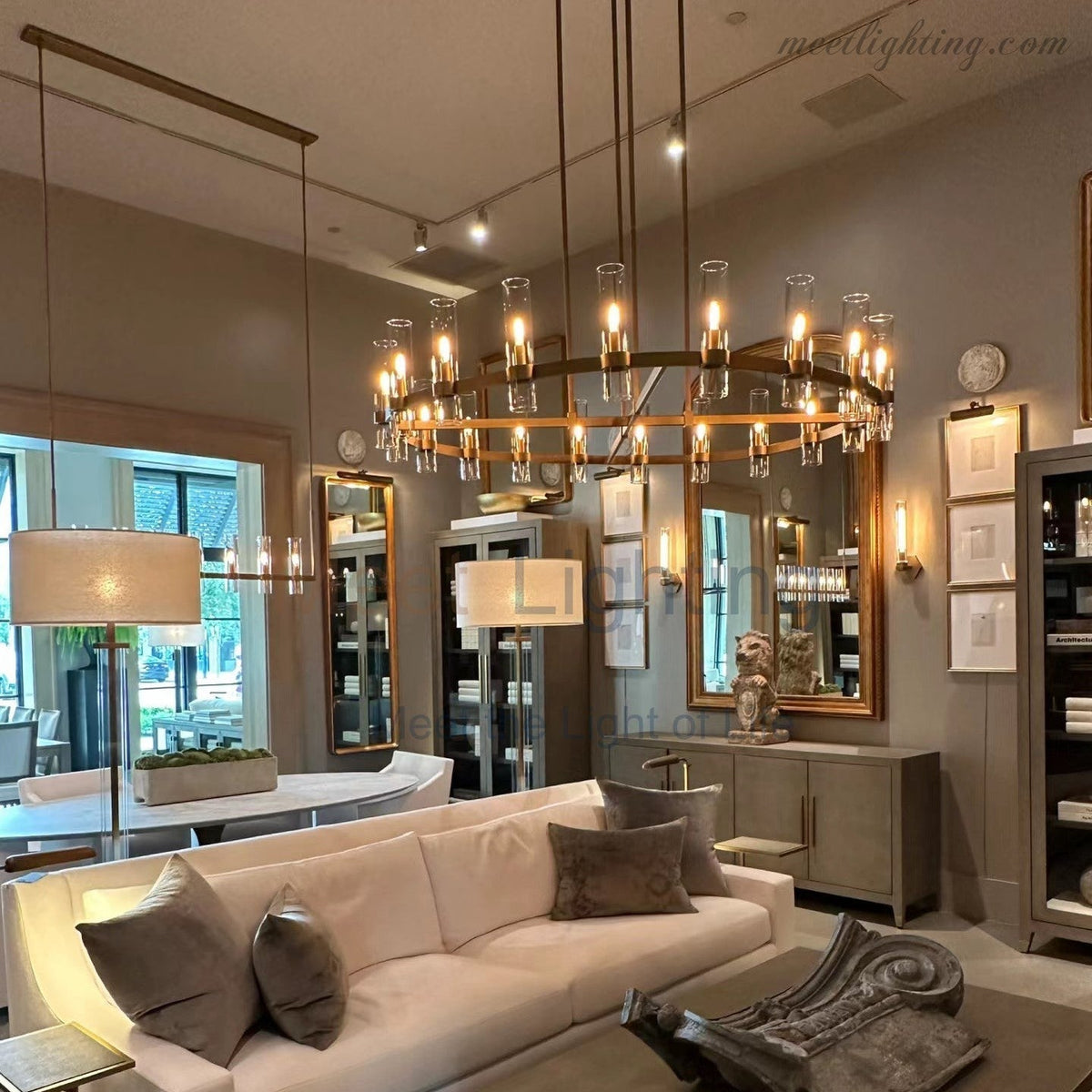 Nowoczesna szklana lampa wisząca, 7-punktowa, 149 cm, stal i aluminium, nad stół jadalniany i do salonu, ściemniana, regulowana, industrialny design | Sansoti