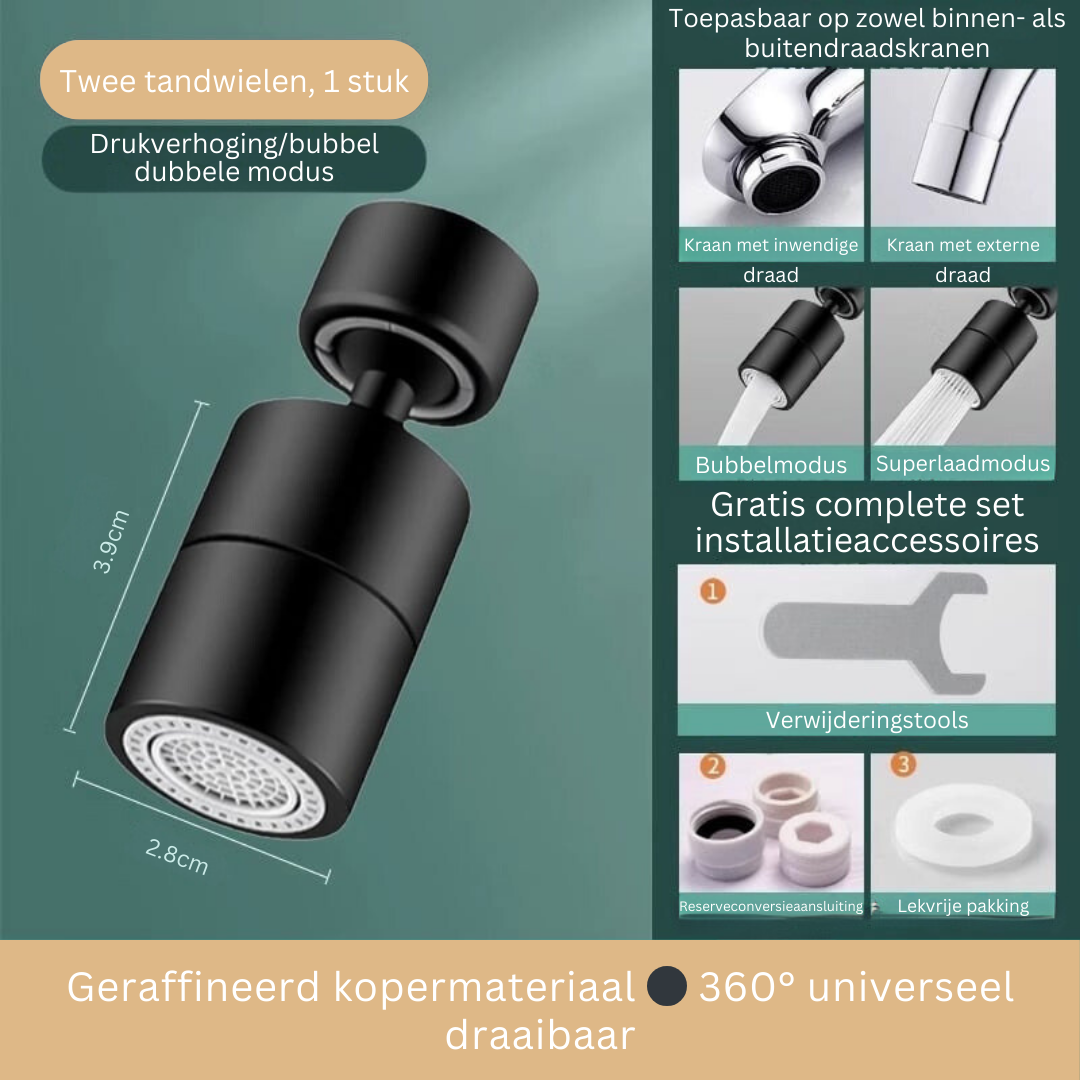 Kraan Spuitmond met 720° Draaibare Kop – Spatvrij Sproeikop met Anti-Spetter Technologie en Dubbele Waterstraal voor Keuken en Badkamer | Sansoti