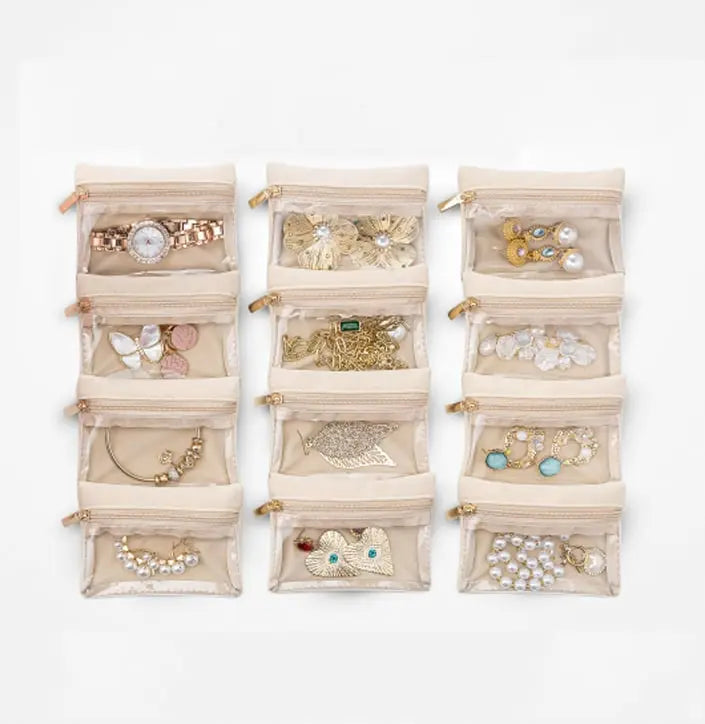 Sieradendoos met Transparante Vakjes 21,5 cm Wit Groen Blauw Roze Zwart PU-Leer Flanel Voering 12 Ritszakjes Ringendoos Kettinghouder Oorbellen Opbergen Sieraden Opbergdoos Juwelendoos Organizer Dames | Sansoti