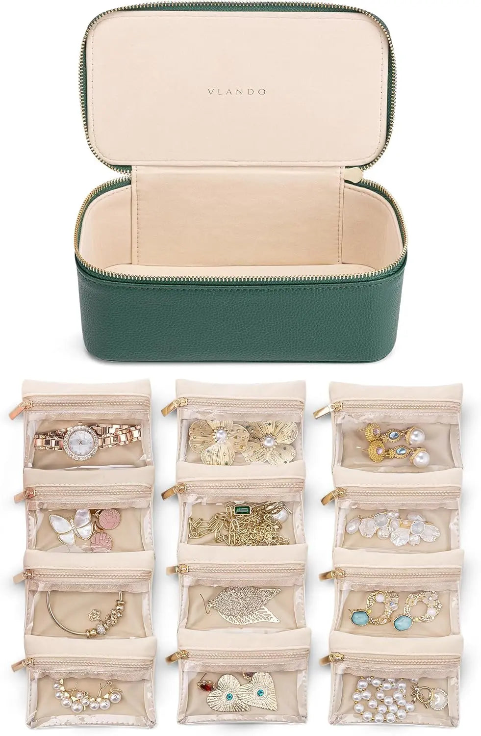 Sieradendoos met Transparante Vakjes 21,5 cm Wit Groen Blauw Roze Zwart PU-Leer Flanel Voering 12 Ritszakjes Ringendoos Kettinghouder Oorbellen Opbergen Sieraden Opbergdoos Juwelendoos Organizer Dames | Sansoti