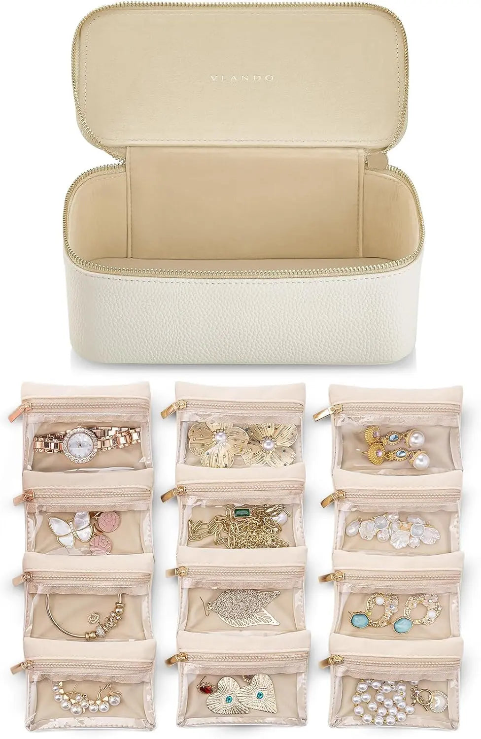 Sieradendoos met Transparante Vakjes 21,5 cm Wit Groen Blauw Roze Zwart PU-Leer Flanel Voering 12 Ritszakjes Ringendoos Kettinghouder Oorbellen Opbergen Sieraden Opbergdoos Juwelendoos Organizer Dames | Sansoti