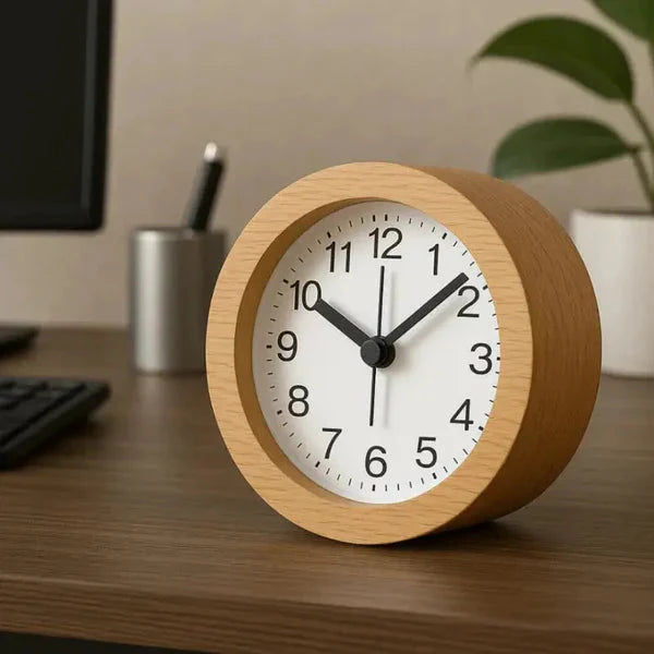Stille Wekker van Beuken met LED-Nachtverlichting Analoog Quartz met Snooze-Functie | Sansoti