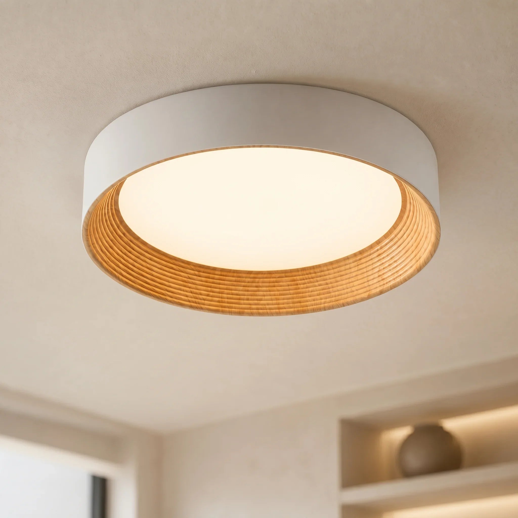 Minimalistische Ronde Plafondlamp met Houten Rand – Warm Licht – Nordic Design – Scandinavische Plafondverlichting voor Slaapkamer Hal Entree | Sansoti