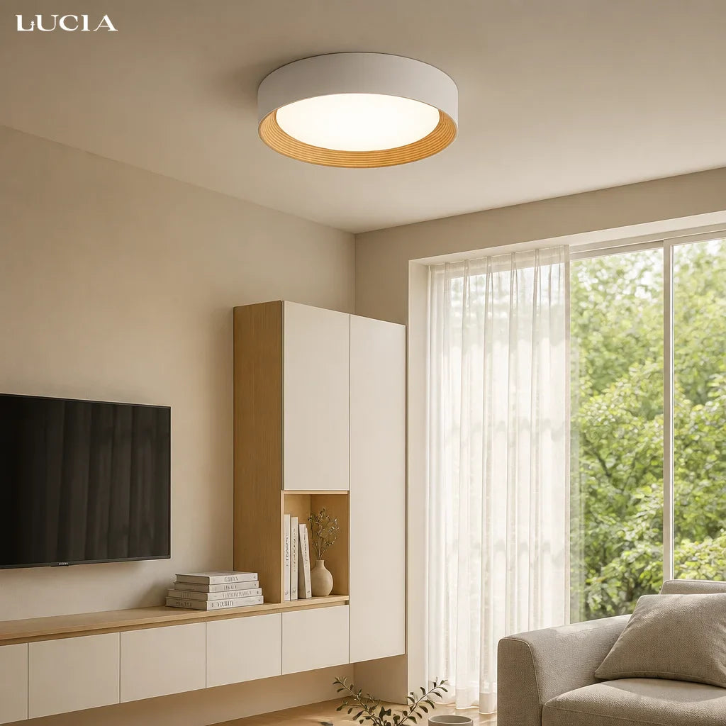 Minimalistische Ronde Plafondlamp met Houten Rand – Warm Licht – Nordic Design – Scandinavische Plafondverlichting voor Slaapkamer Hal Entree | Sansoti