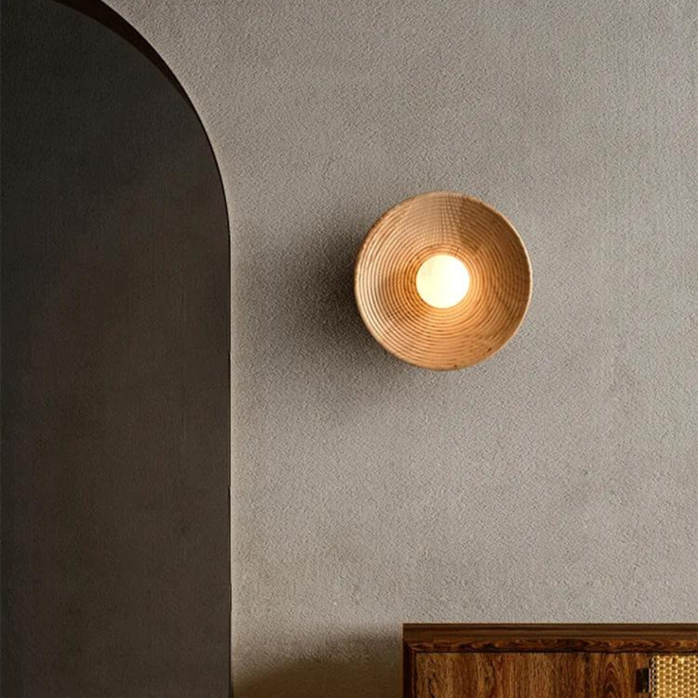 Japandi Wandlamp Hout Glas Rond Retro Vintage 27cm Woonkamer Slaapkamer Hal | Sansoti