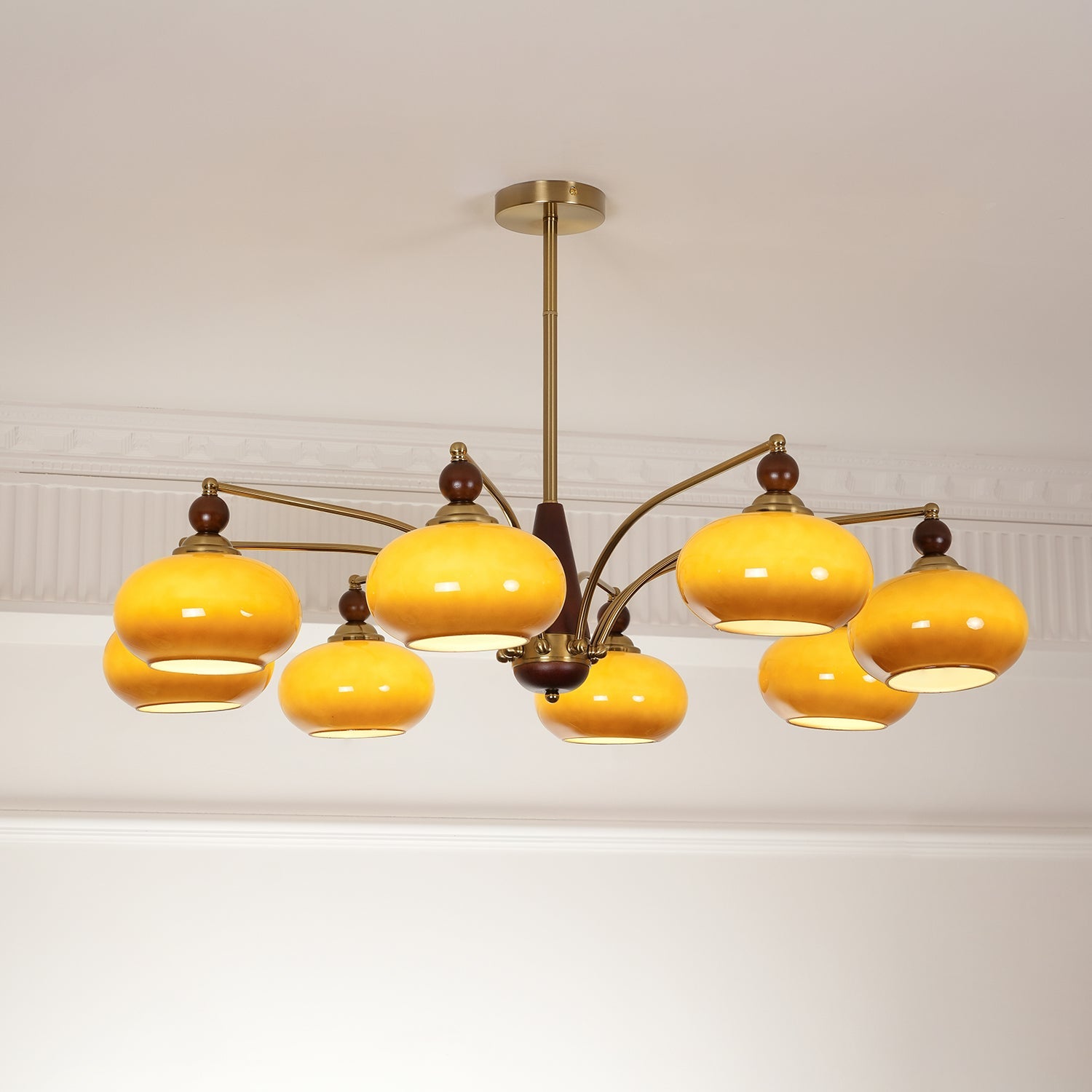 Retro Calliope Kroonluchter – Metalen Hanglamp met Glazen Kappen – 3, 5 of 8 Lichtpunten – Klassiek Vintage Design voor Eetkamer en Woonkamer | Sansoti