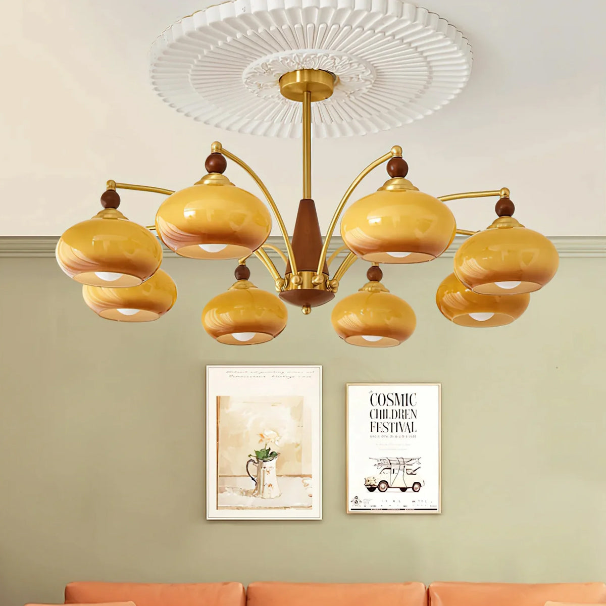 Retro Calliope Kroonluchter – Metalen Hanglamp met Glazen Kappen – 3, 5 of 8 Lichtpunten – Klassiek Vintage Design voor Eetkamer en Woonkamer | Sansoti