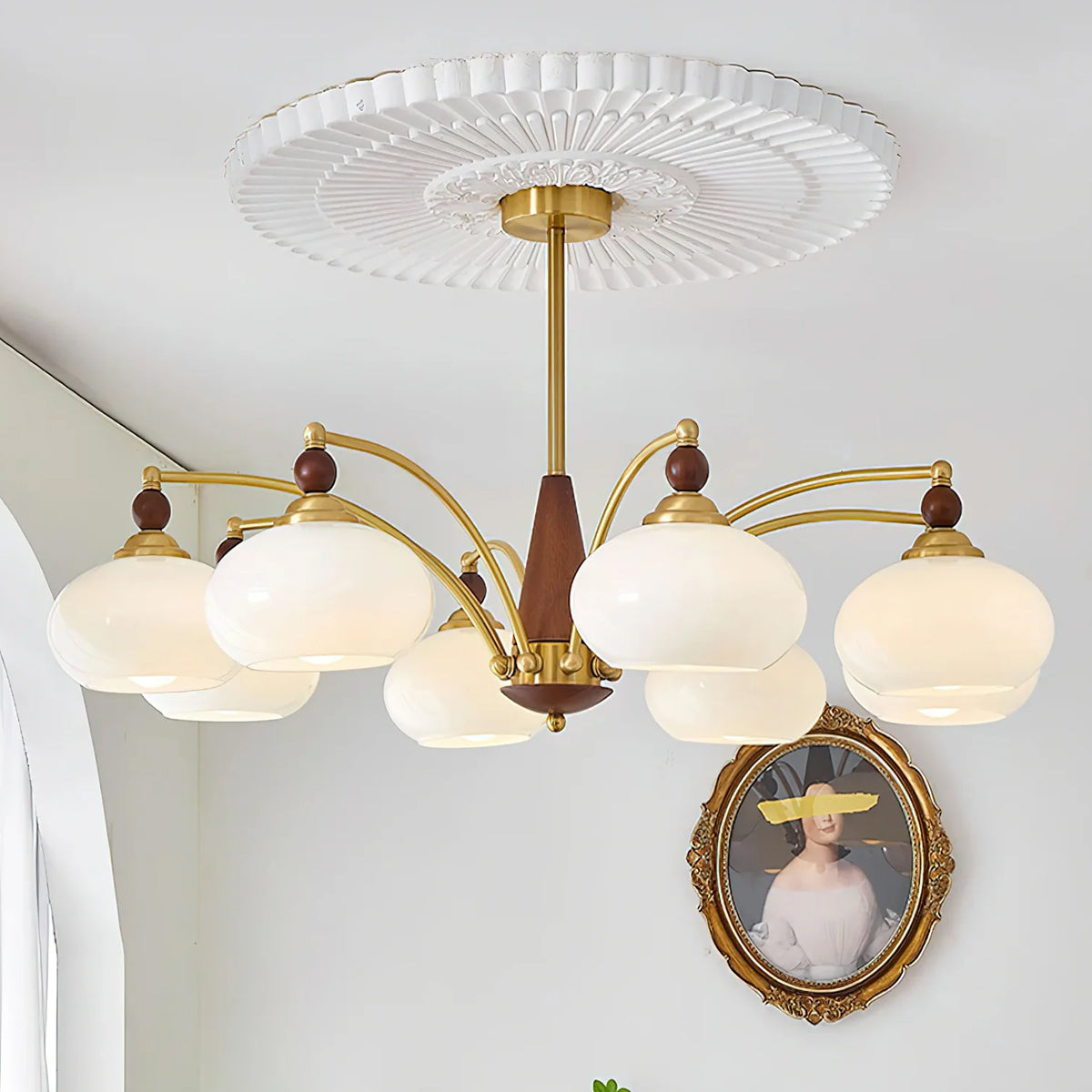 Retro Calliope Kroonluchter – Metalen Hanglamp met Glazen Kappen – 3, 5 of 8 Lichtpunten – Klassiek Vintage Design voor Eetkamer en Woonkamer | Sansoti