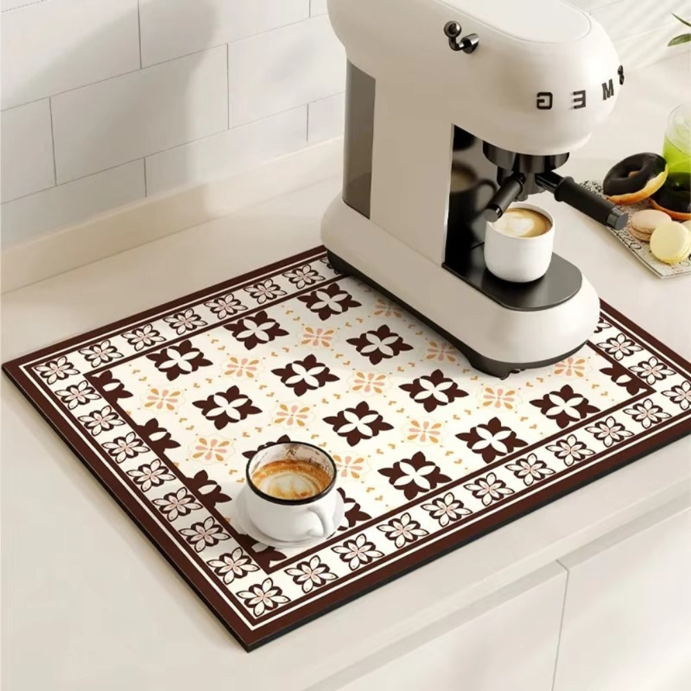Retro Design Absorberend Koffiemat – Sneldrogend Waterbestendig Rubber – Vintage Tegelmotief Droogmat voor Koffiehoek Aanrecht Vaatdroger | Sansoti