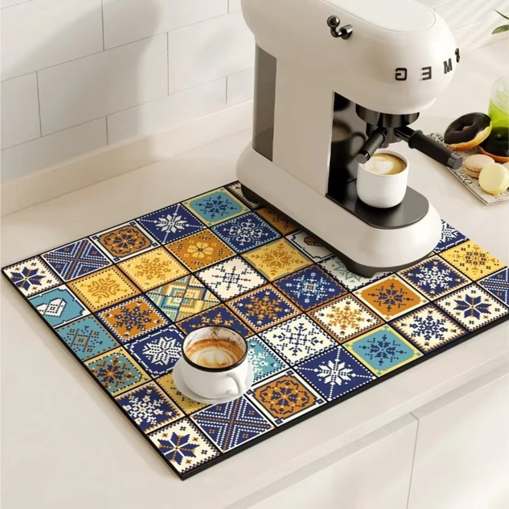 Retro Design Absorberend Koffiemat – Sneldrogend Waterbestendig Rubber – Vintage Tegelmotief Droogmat voor Koffiehoek Aanrecht Vaatdroger | Sansoti