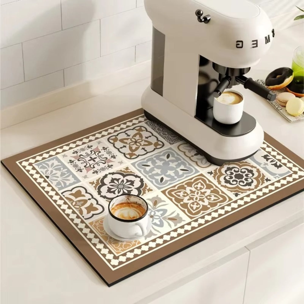 Retro Design Absorberend Koffiemat – Sneldrogend Waterbestendig Rubber – Vintage Tegelmotief Droogmat voor Koffiehoek Aanrecht Vaatdroger | Sansoti