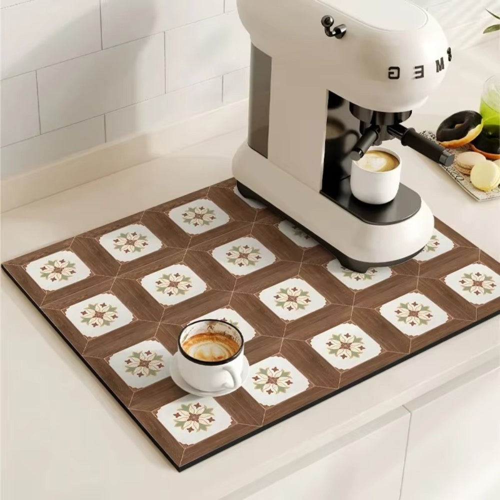 Retro Design Absorberend Koffiemat – Sneldrogend Waterbestendig Rubber – Vintage Tegelmotief Droogmat voor Koffiehoek Aanrecht Vaatdroger | Sansoti