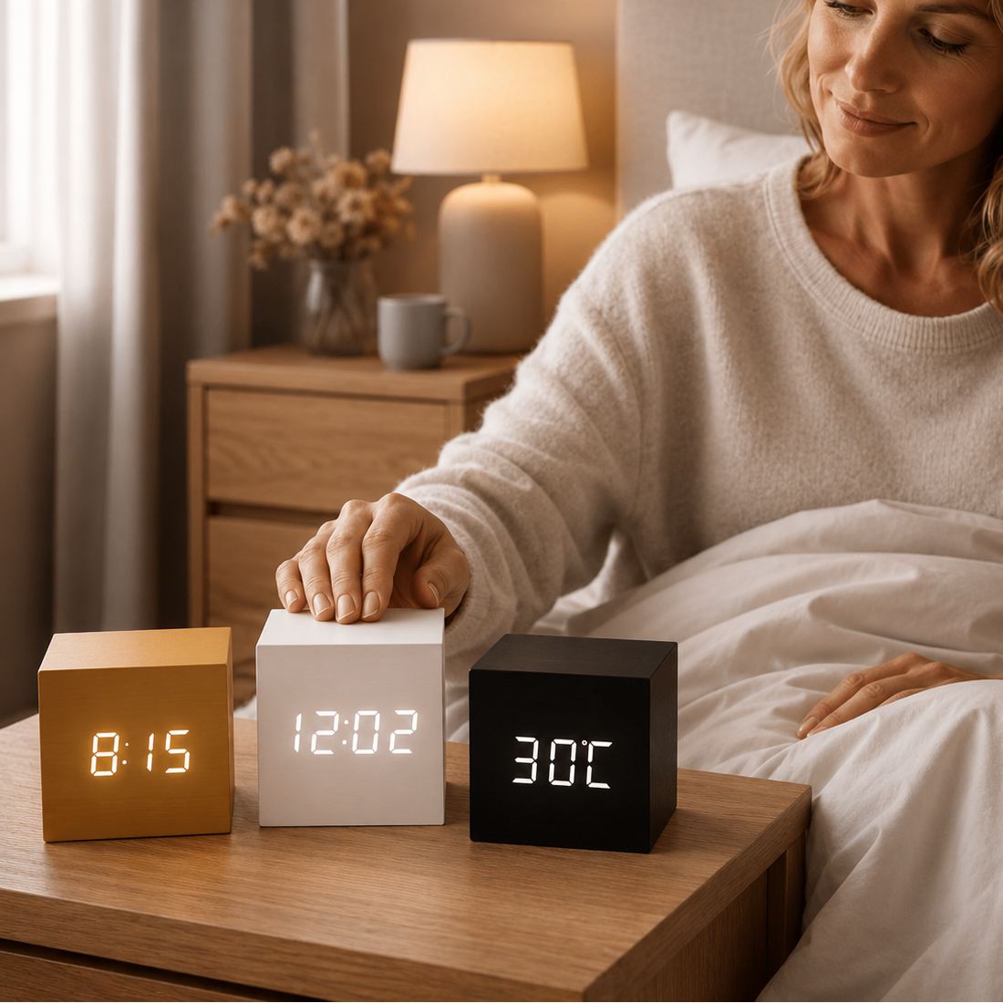 Digitaler Wecker in Würfelform in Holzoptik mit LED-Display, Geräuschaktivierung, Alarm, Temperaturanzeige und Timer für Schlafzimmer und Büro | Sansoti