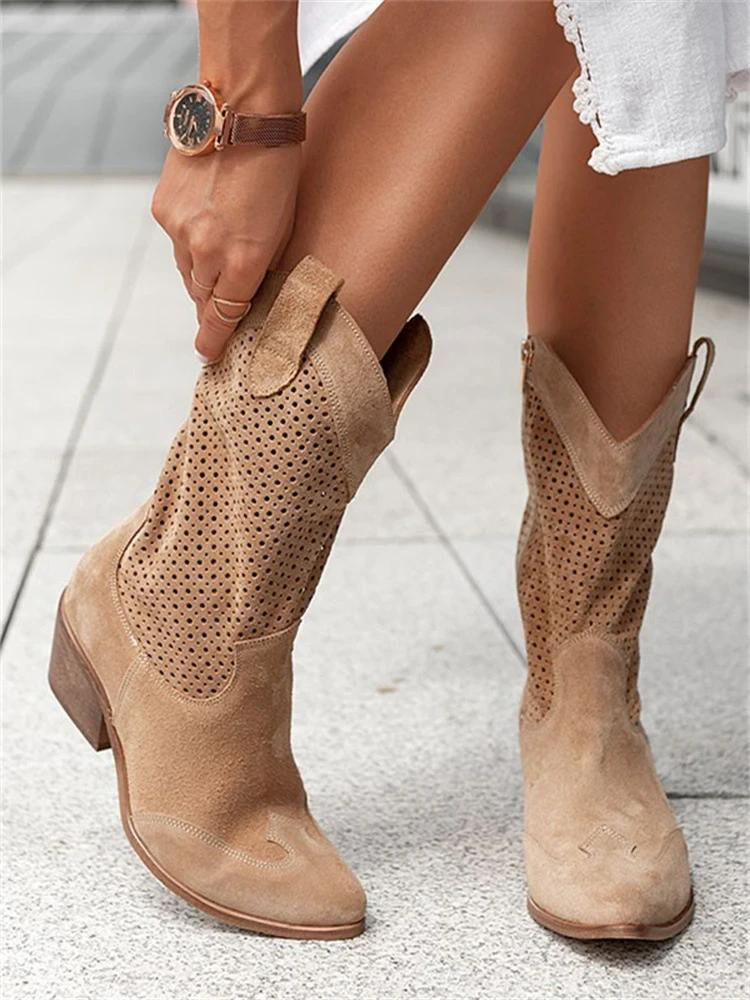 Leren Laarzen Dames Halflang Cowboystijl Comfortvoering Beige Bruin Zwart Wit Western Look | Sansoti