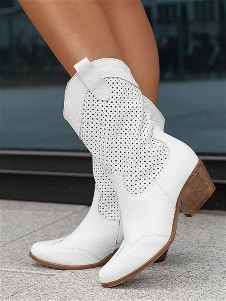 Leren Laarzen Dames Halflang Cowboystijl Comfortvoering Beige Bruin Zwart Wit Western Look | Sansoti