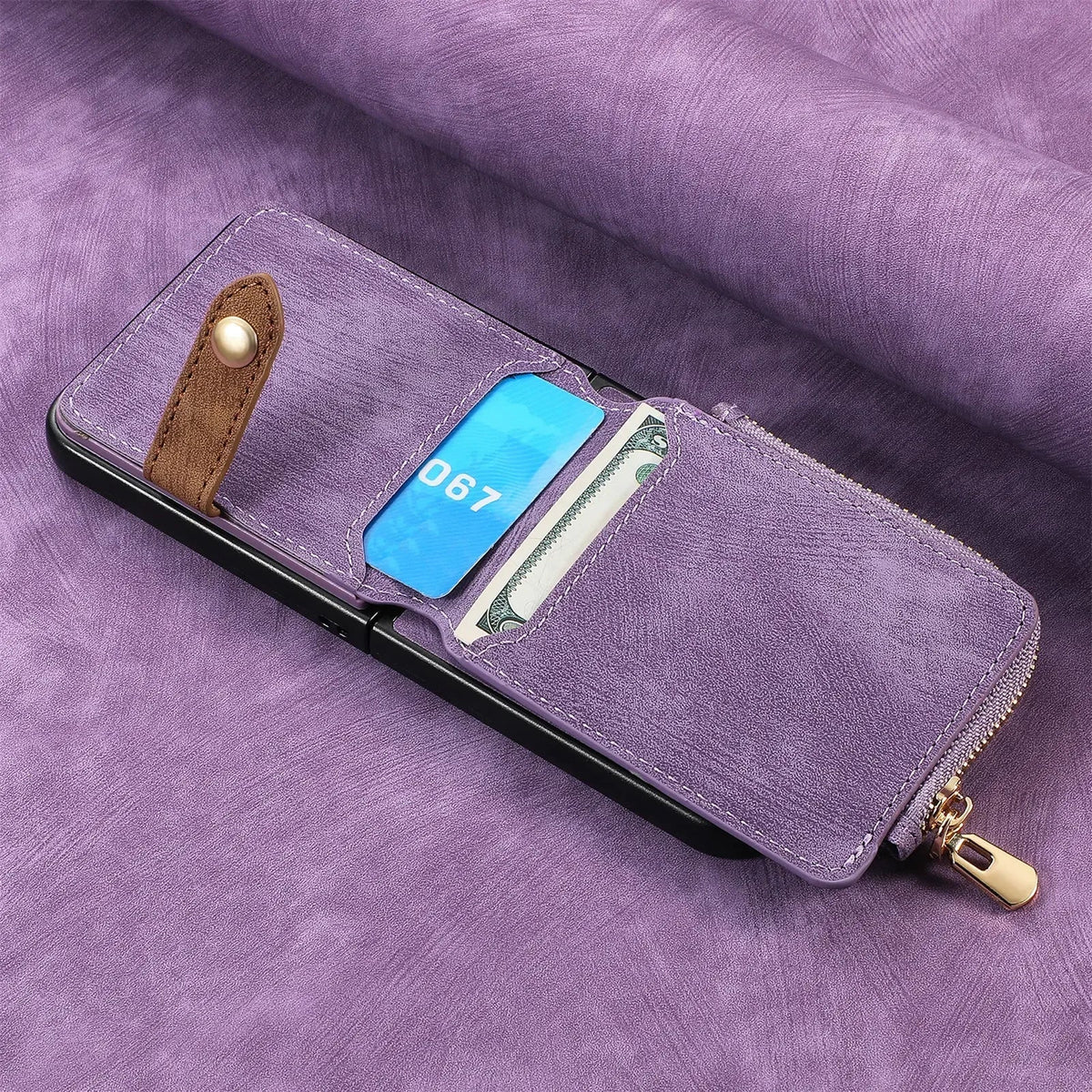 Opvouwbare Telefoonhoes met Rits Kaarthouder PU-Leer Zwart Bruin Groen Blauw Roze Paars Portemonnee Stijl | Sansoti