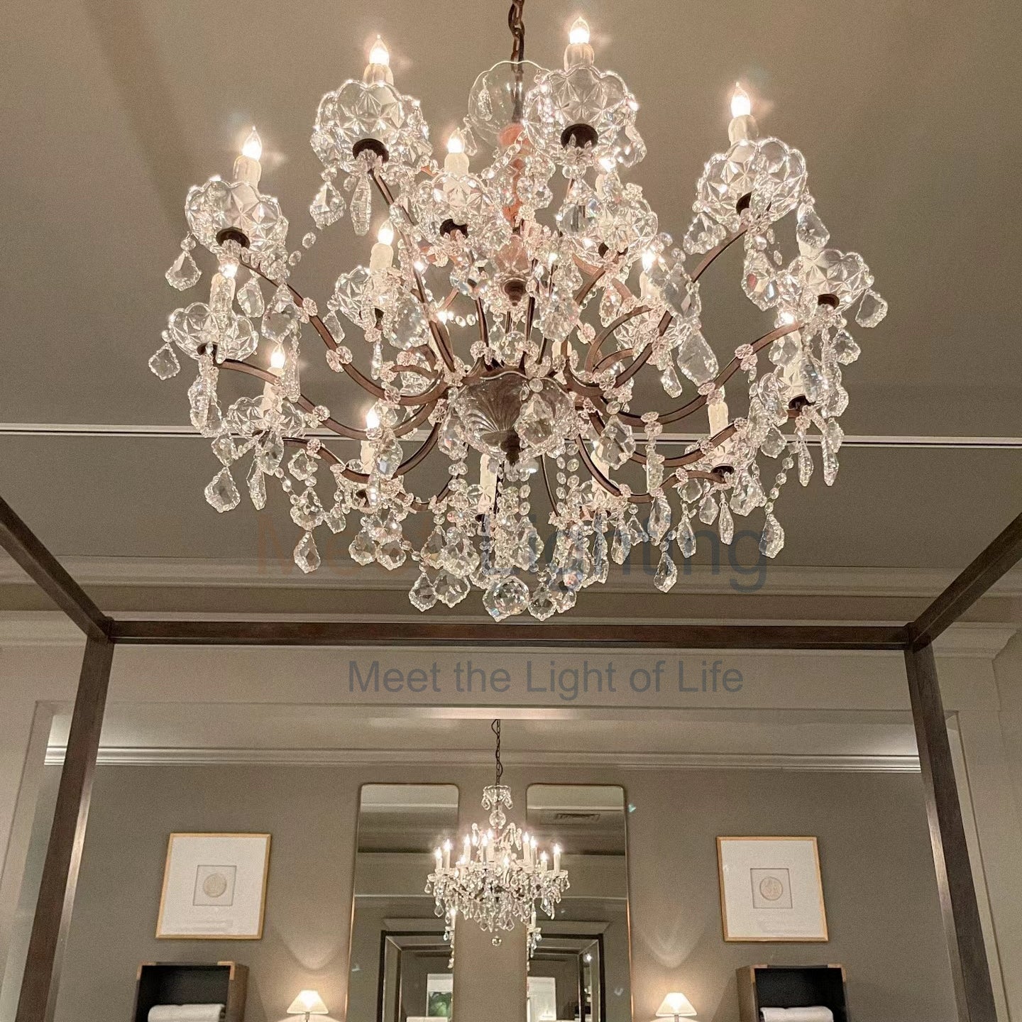 Lustre rond en fer et cristal, 102 cm, laiton antique, brun rouille, 25 sources lumineuses, dimmable, pour salle à manger et salon | Sansoti