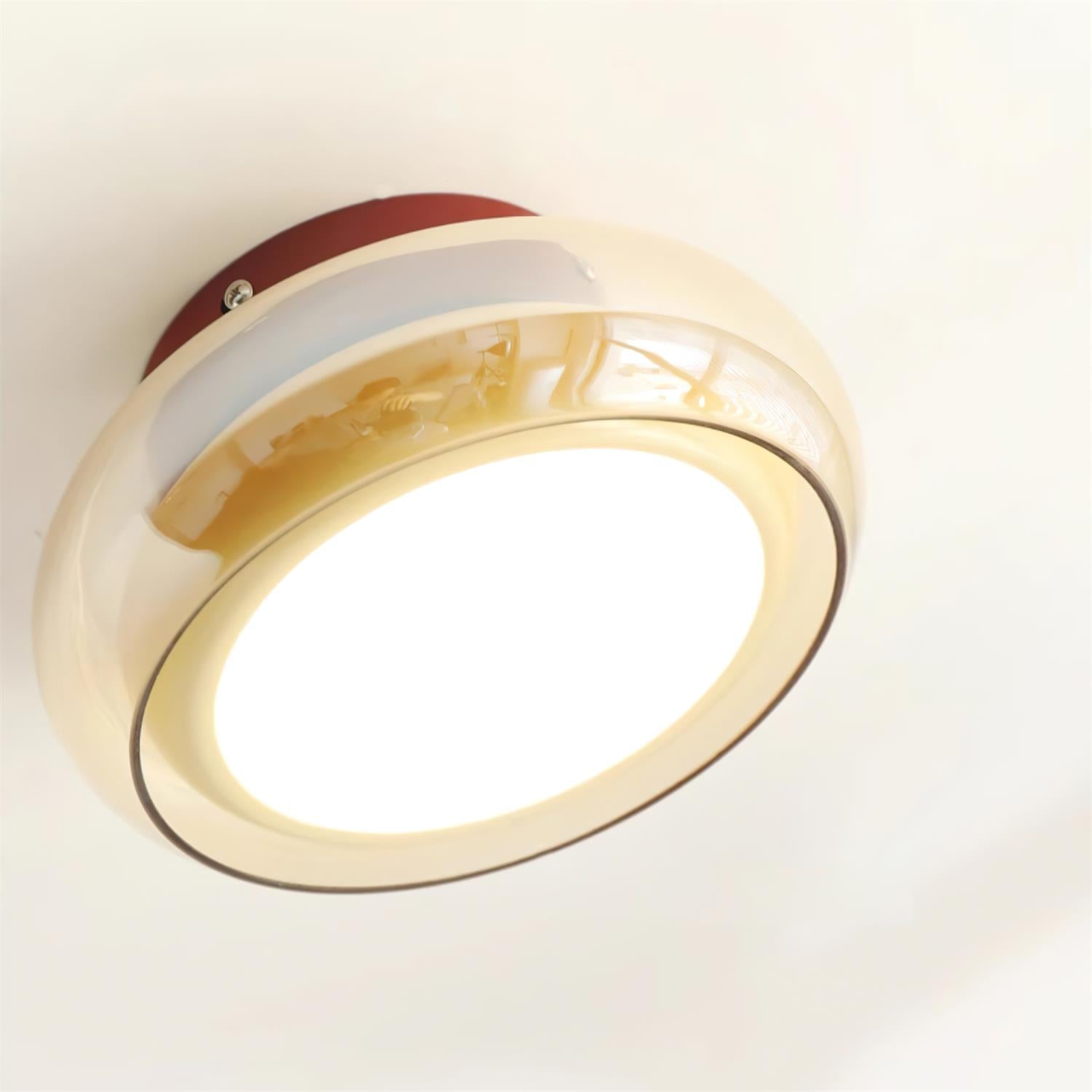 Plafonnier cognac verre métal accent rouge 3 couleurs de lumière LED salon chambre luxe | Restfield