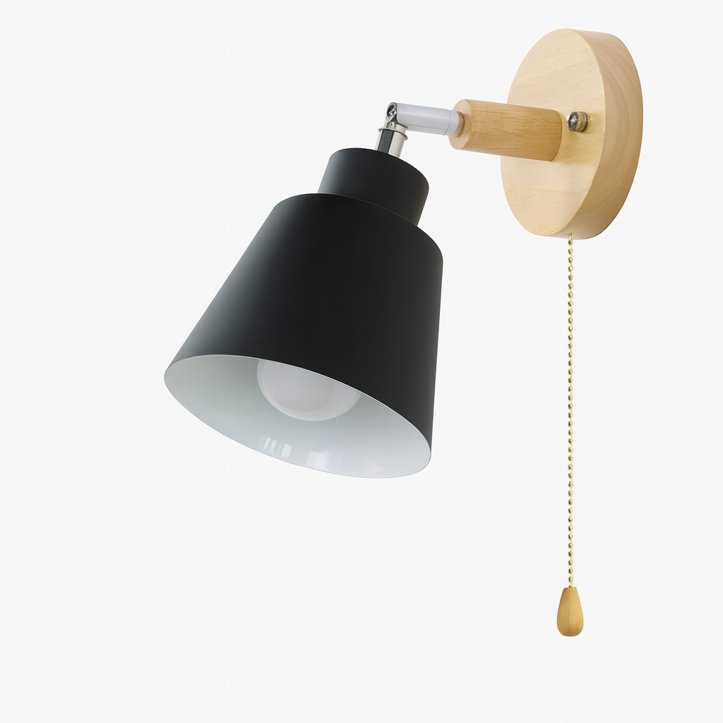 Wandlamp Metaal Hout Trekschakelaar 180° Draaibaar E27 Leeslamp Slaapkamer | Sansoti