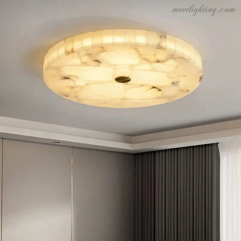 Okrągła lampa sufitowa z alabastru 40-60 cm, mosiądz, LED, ciepła biel, ściemniana, do salonu, jadalni, sypialni, korytarza i holu | Sansoti