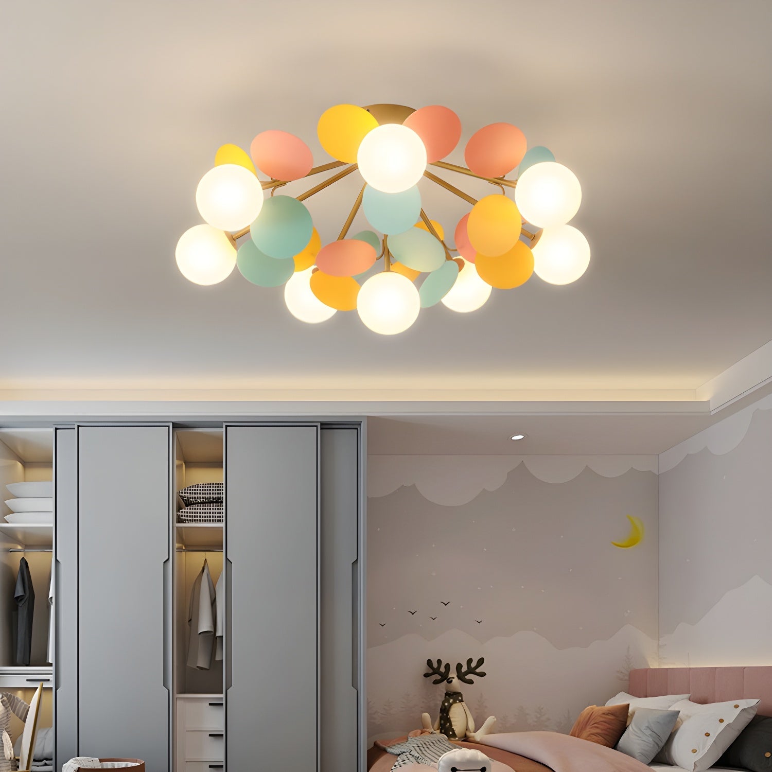 Ronde Plafondlamp met Acryl Bladeren – Macaron Pastelkleuren – 1, 4, 6 of 8 Lichtpunten – G9 Fitting – Scandinavisch Design voor Kinderkamer, Woonkamer en Kantoor | Sansoti